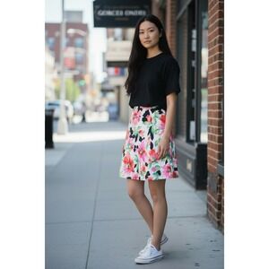 BAY STUDIO Women's M White & Pink Floral Pleated A-Line Knee-Length Cotton Skirt